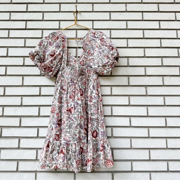 Love The Label Boho Puff Sleeve Floral Mini Dress Sz L | 100% Cotton Tie Back - Picture 9 of 10